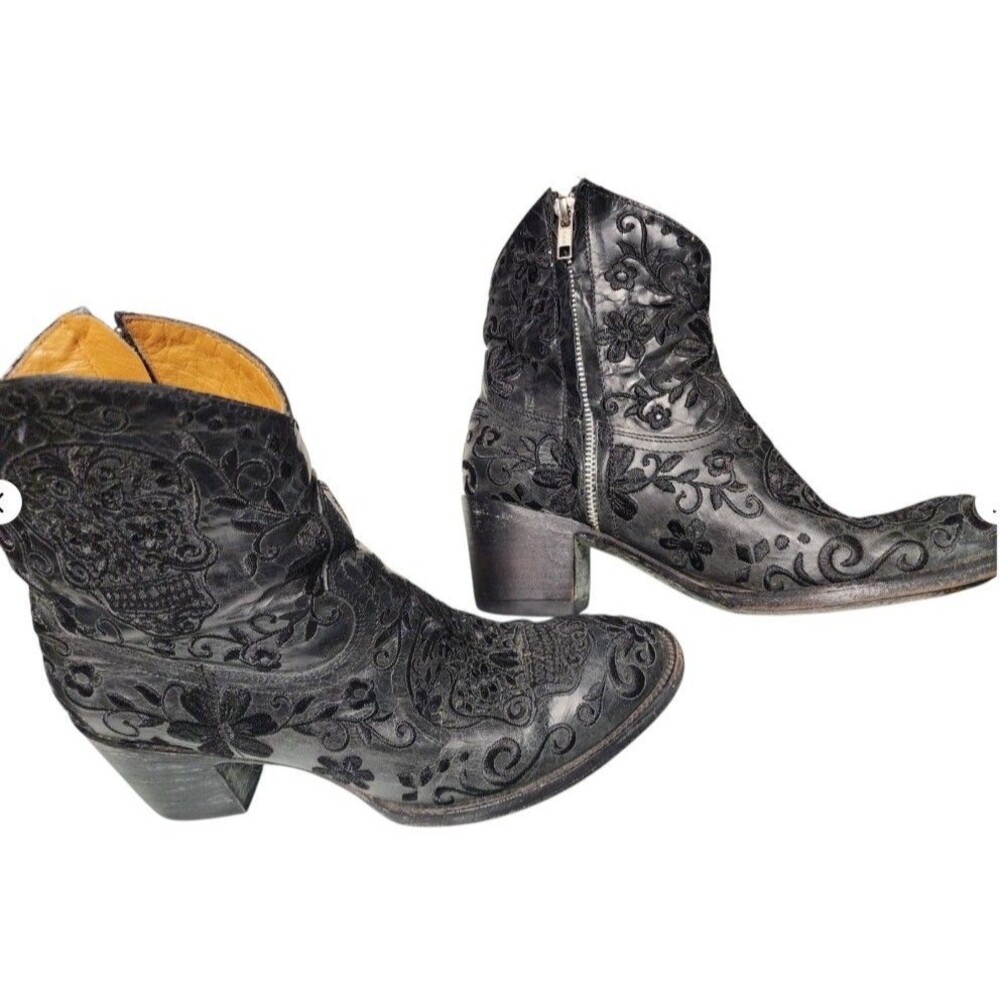 Old Gringo Black Ankle Boots Skull Leather Side Zip Size 8B